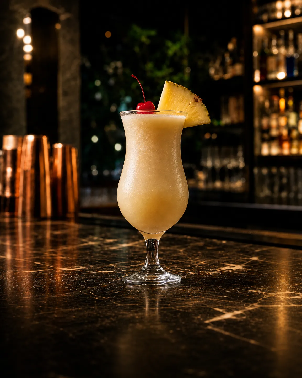 Amaretto Colada, long drink. Bicchiere: Hurricane