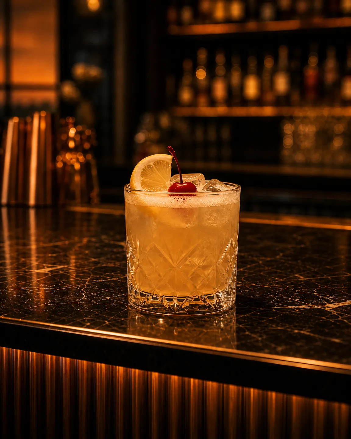 Amaretto Sour, cocktail aperitivo. Bicchiere: Old Fashioned o Tumbler Basso
