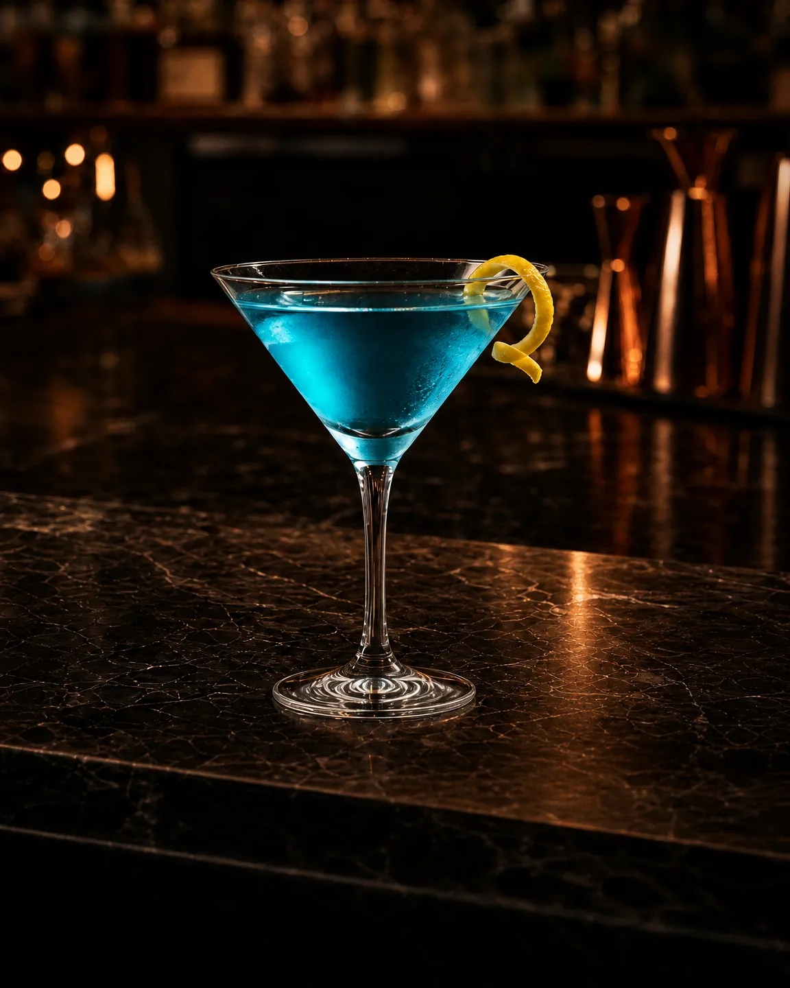 Angelo Azzurro, cocktail dopocena. Bicchiere: Coppa cocktail (Martini)