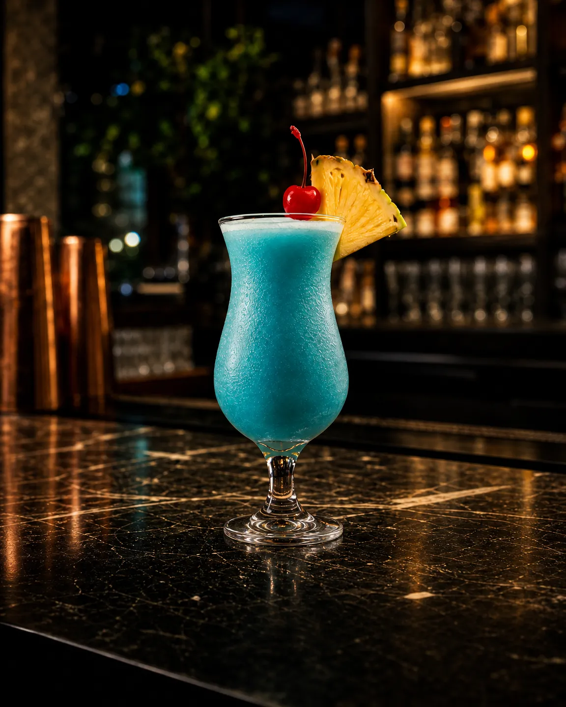 Blue Hawaiian, long drink. Glass: Hurricane glass