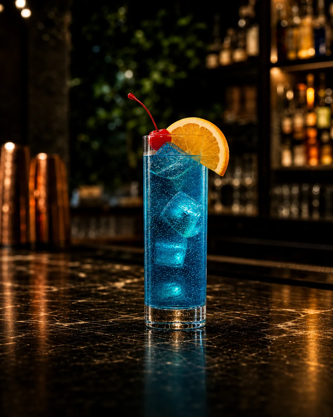 Blue Lagoon, long drink. Bicchiere: Collins o Tumbler Alto