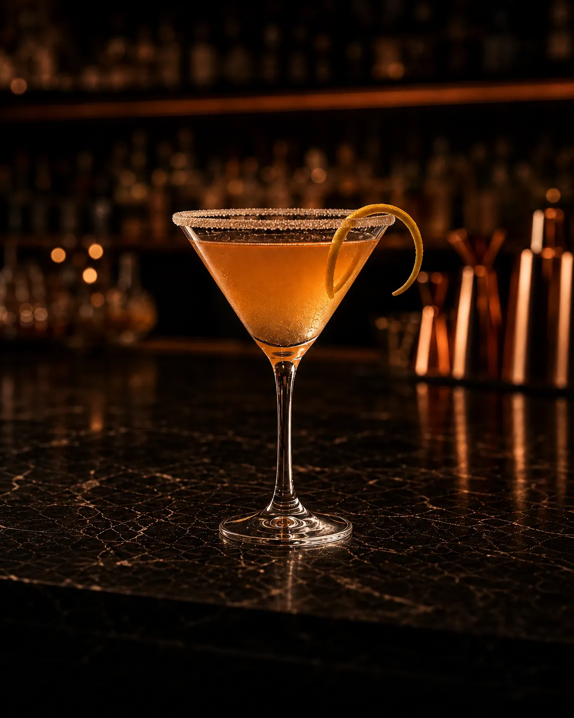 Brandy Crusta, cocktail dopocena. Bicchiere: Coppa cocktail (Martini)