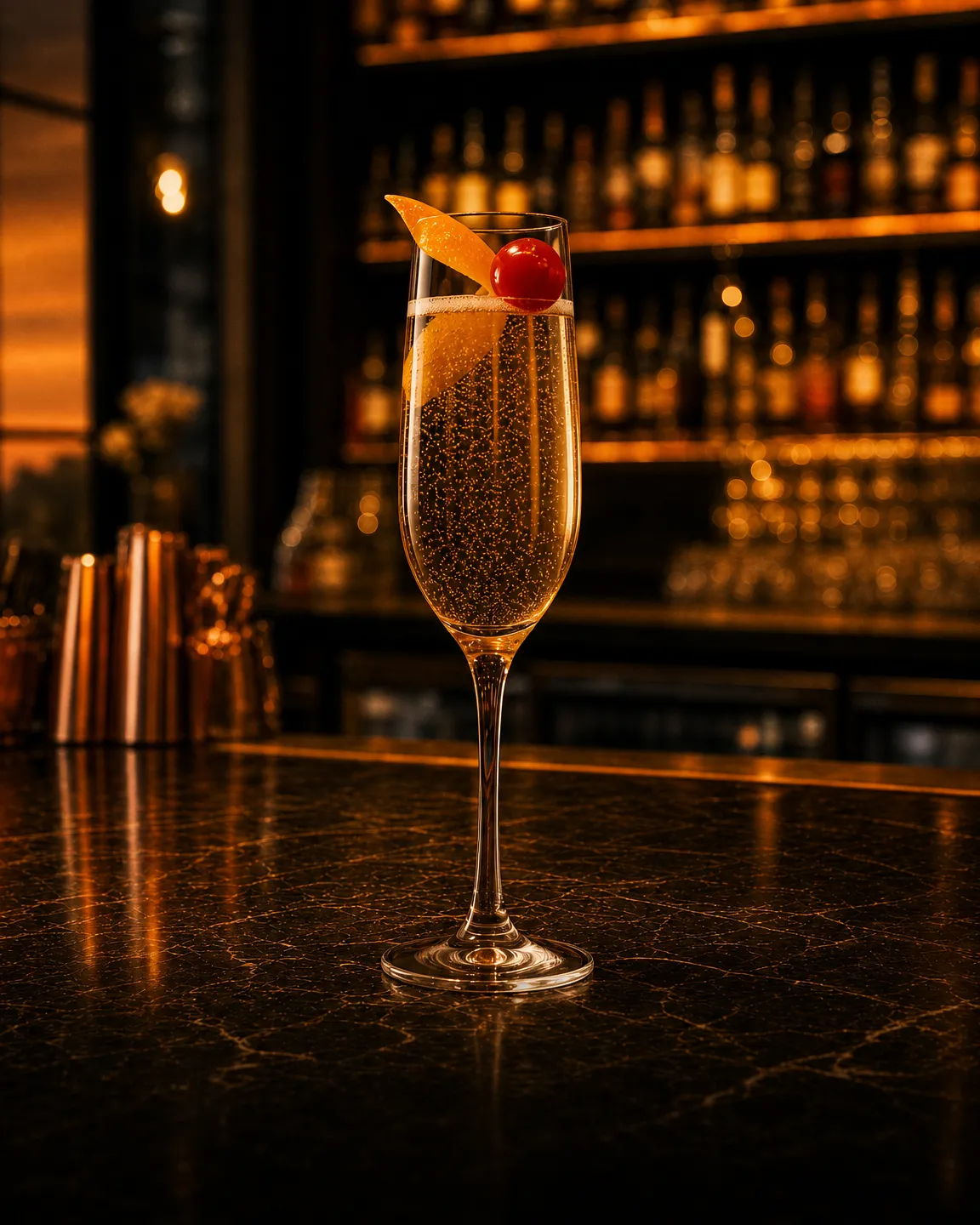 Champagne Cocktail, cocktail aperitivo. Bicchiere: Flûte