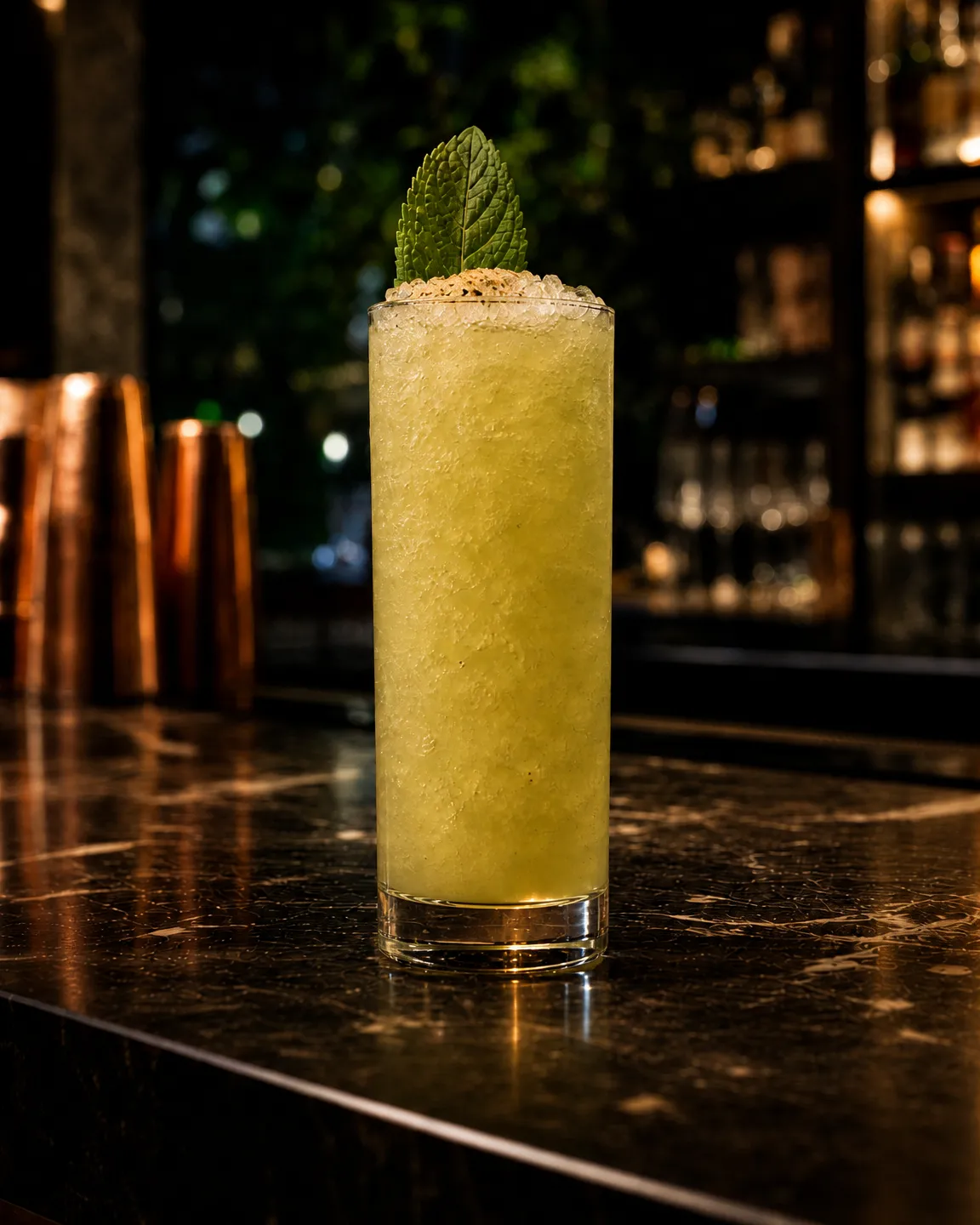 Chartreuse Swizzle, long drink. Glass: Collins glass