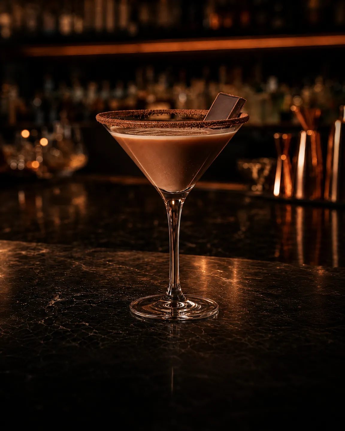 Chocolate Martini, cocktail dopocena. Bicchiere: Coppa cocktail (Martini)