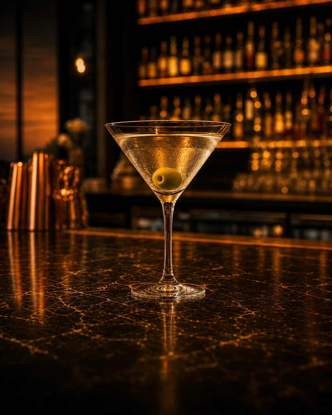 Dirty Martini, cocktail aperitivo. Bicchiere: Coppa cocktail (Martini)