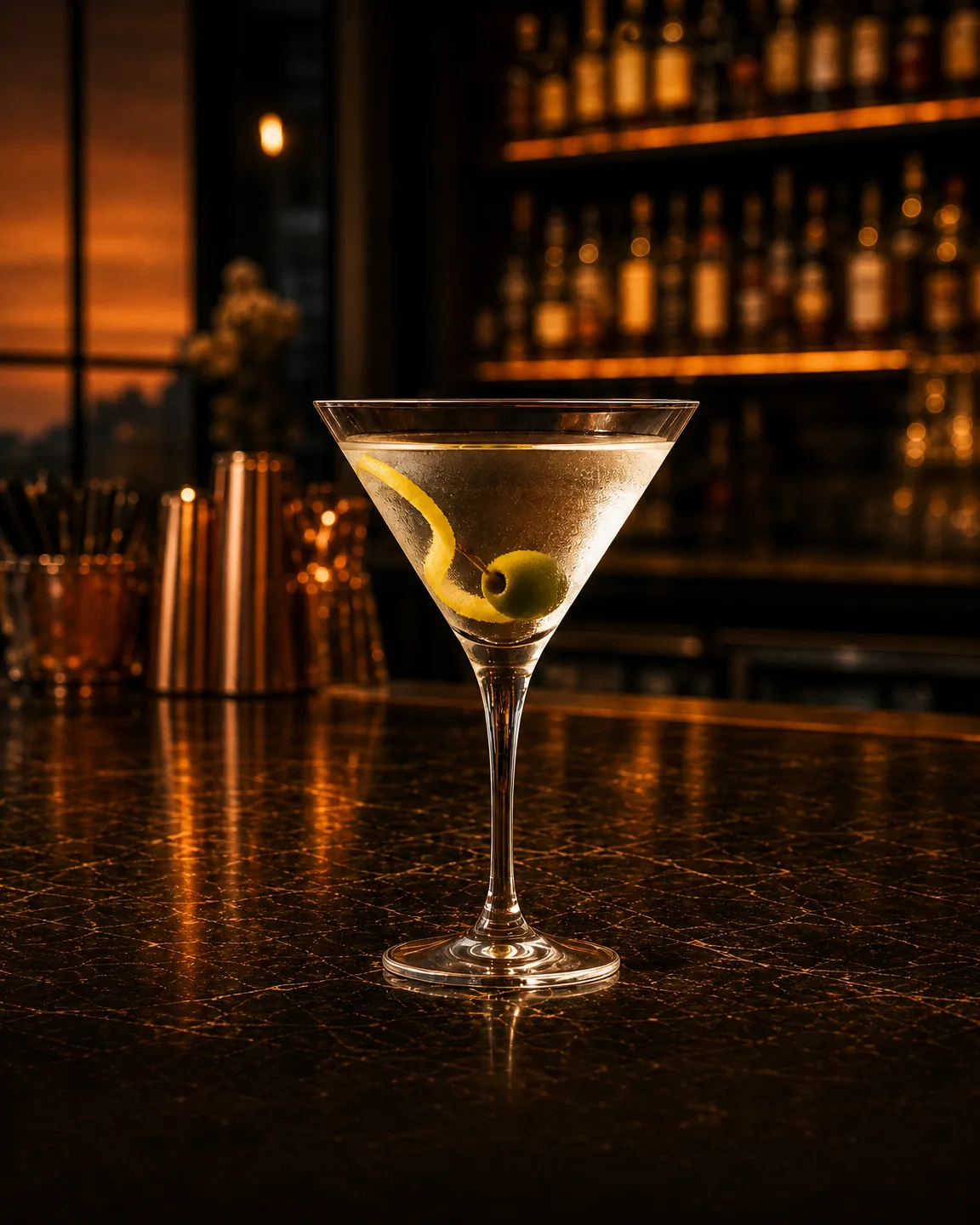 Dry Martini, aperitif cocktail. Glass: Cocktail glass