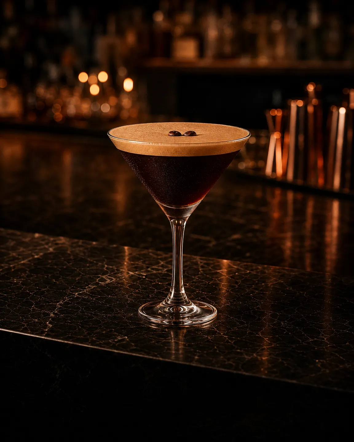 Espresso Martini, cocktail dopocena. Bicchiere: Coppa cocktail (Martini)