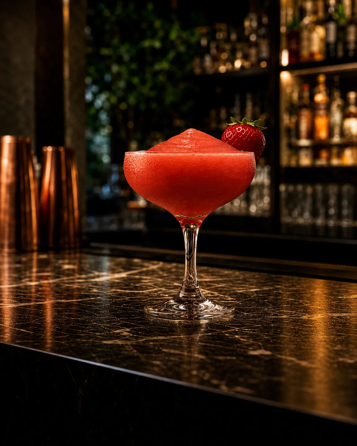 Frozen Strawberry Daiquiri, long drink. Bicchiere: Coppetta da cocktail