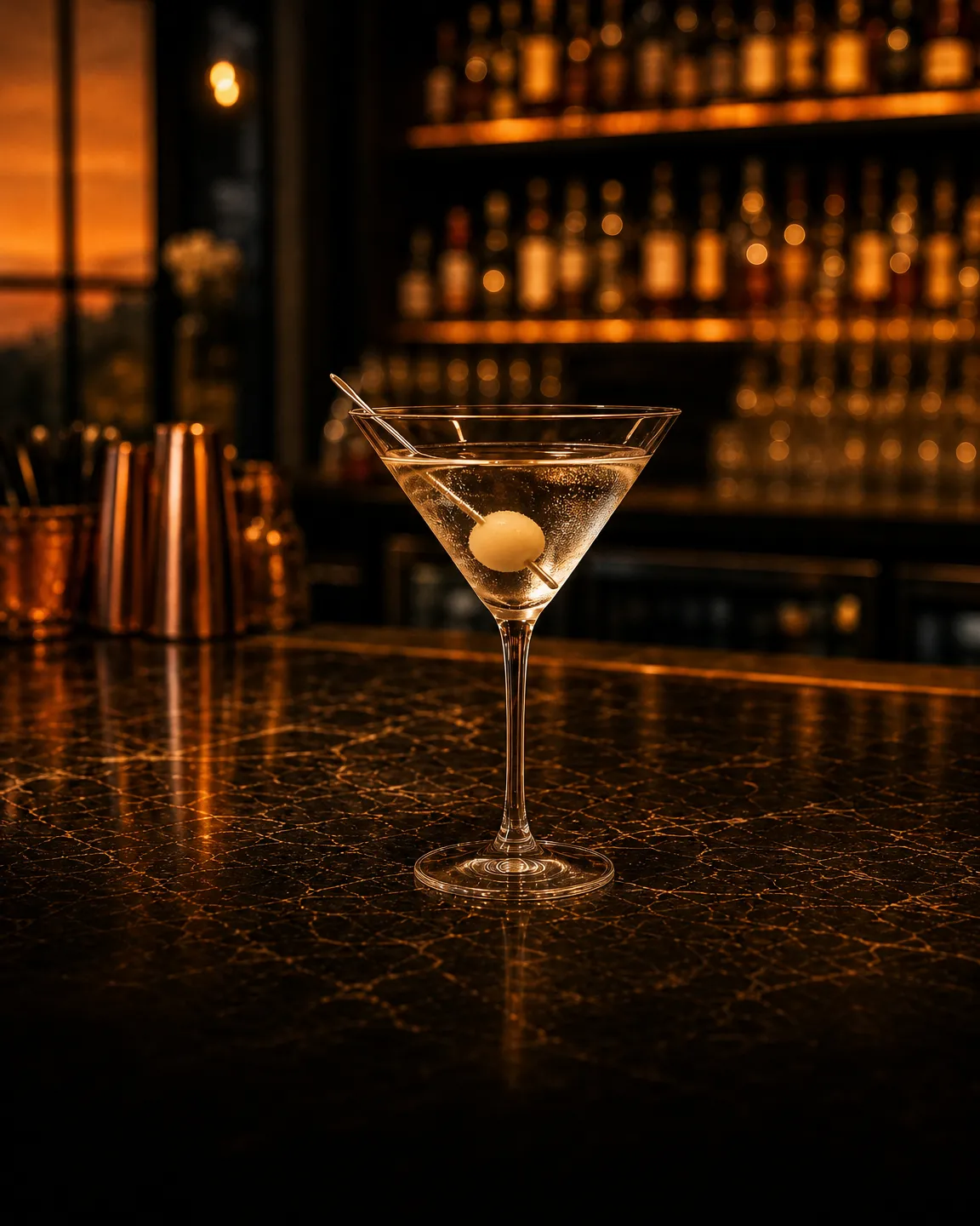 Gibson, aperitif cocktail. Glass: Cocktail glass