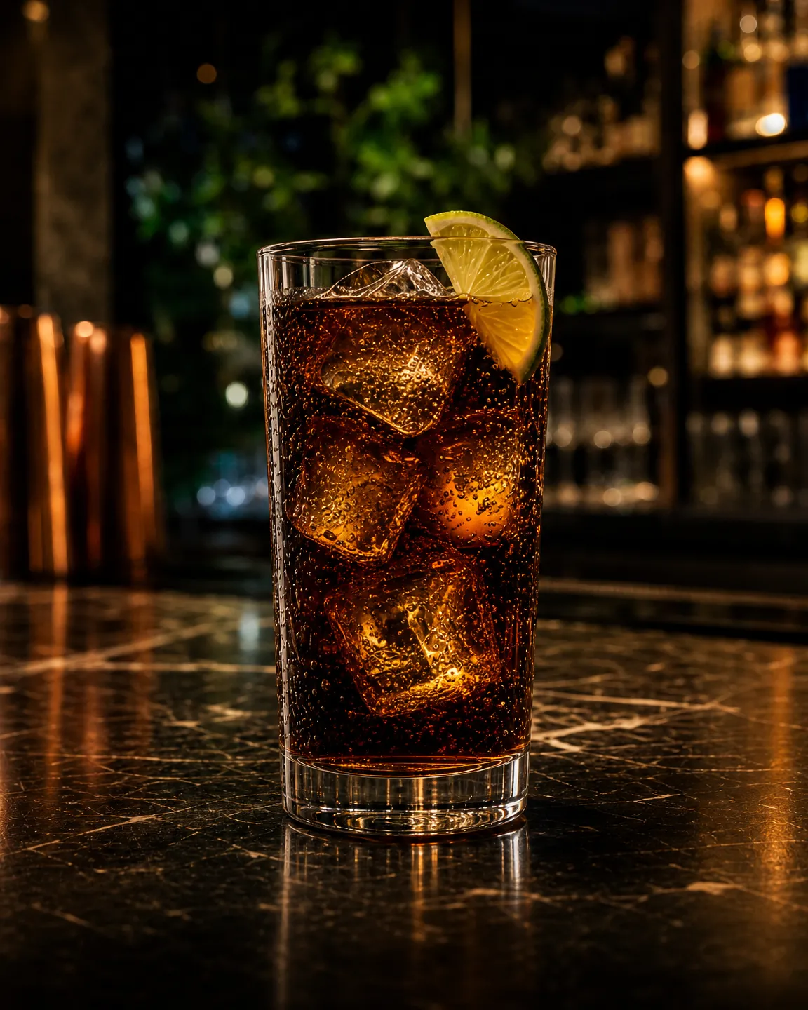 Malibu e Cola, long drink. Bicchiere: Highball o Tumbler Medio