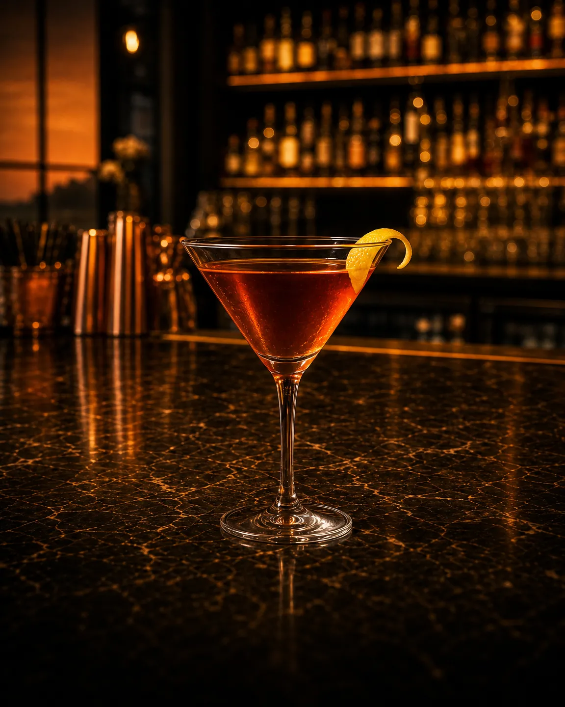 Martinez, cocktail aperitivo. Bicchiere: Coppa cocktail (Martini)