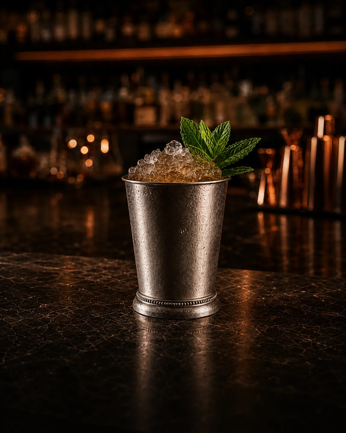 Mint Julep, cocktail dopocena. Bicchiere: Tazza da julep