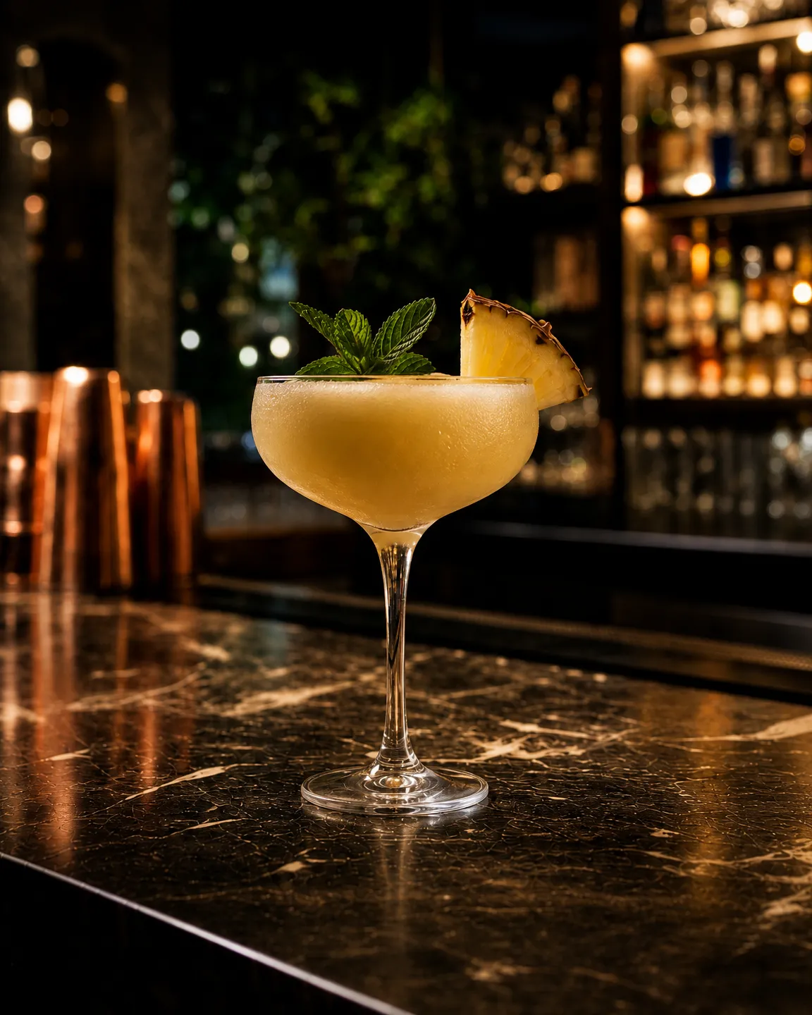 Missionary's Downfall, long drink. Bicchiere: Coppetta da cocktail