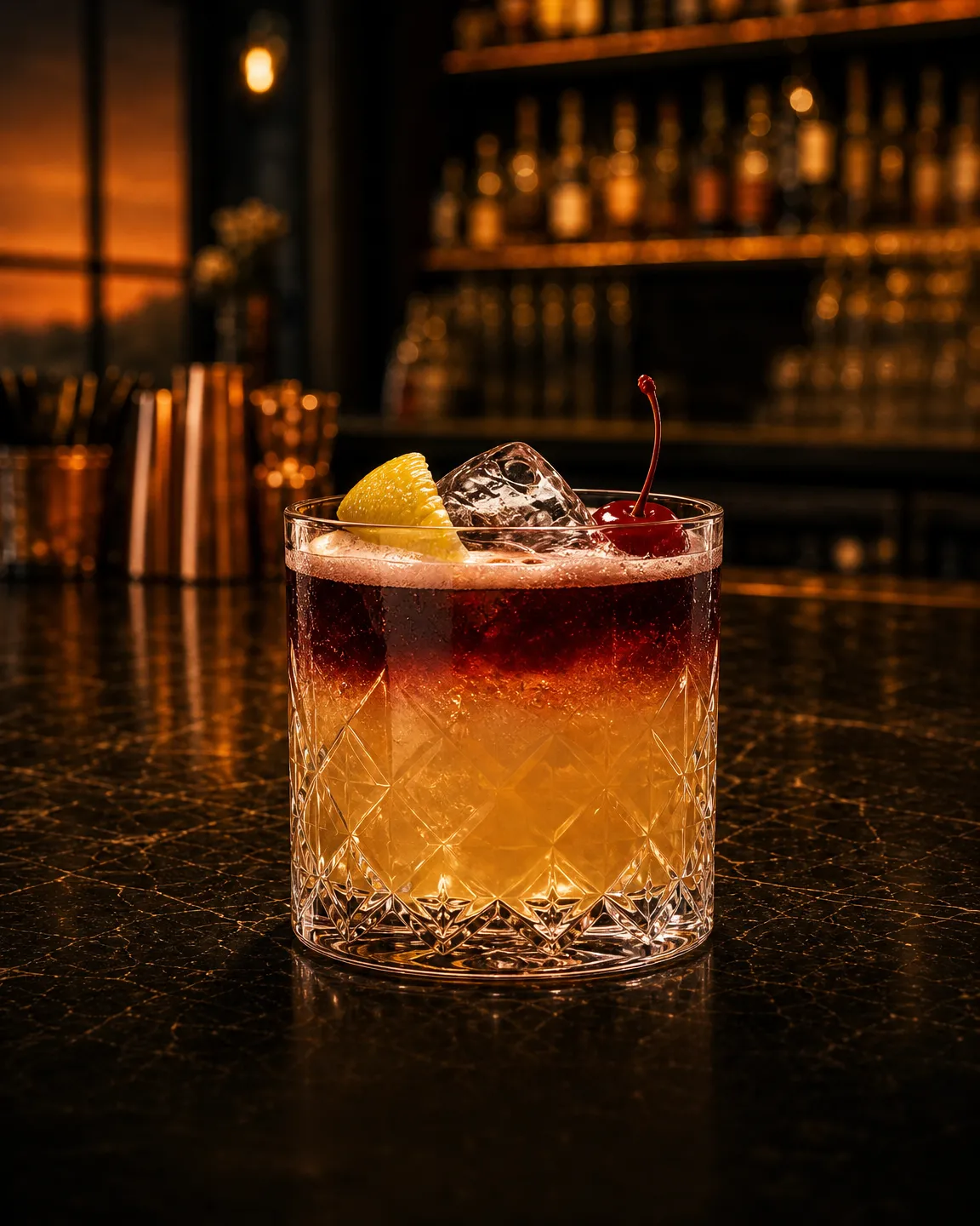 New York Sour, aperitif cocktail. Glass: Rocks glass