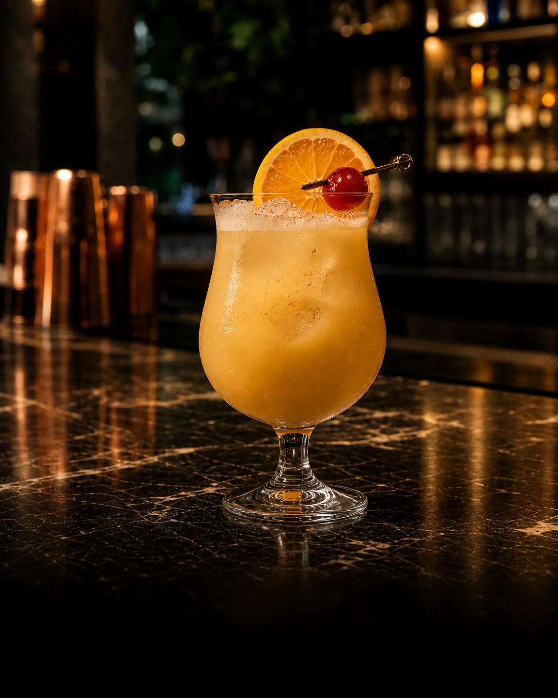 Painkiller, long drink. Bicchiere: Goblet o Calice Grande