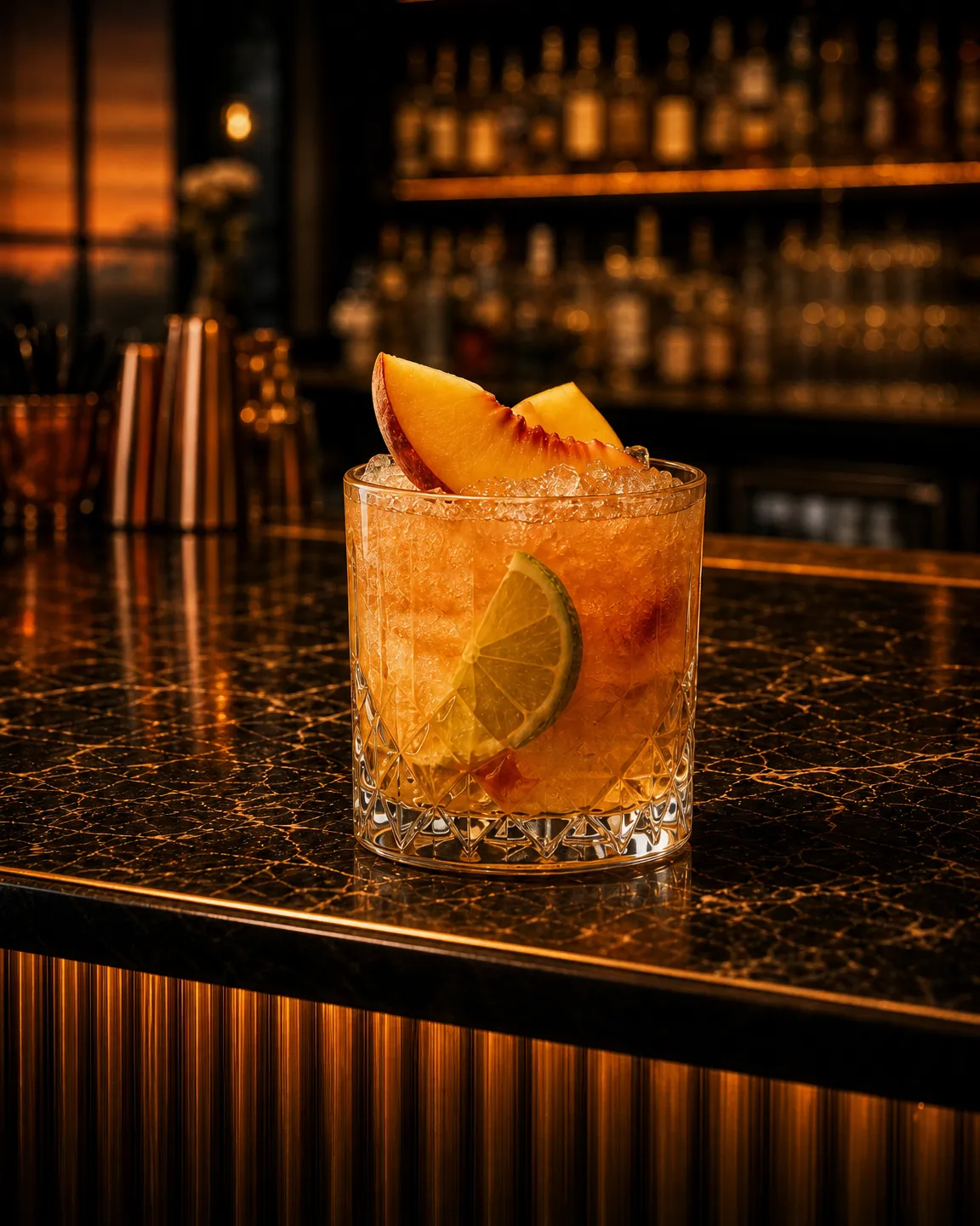 Caipiroska alla pesca, cocktail aperitivo. Bicchiere: Old Fashioned o Tumbler Basso