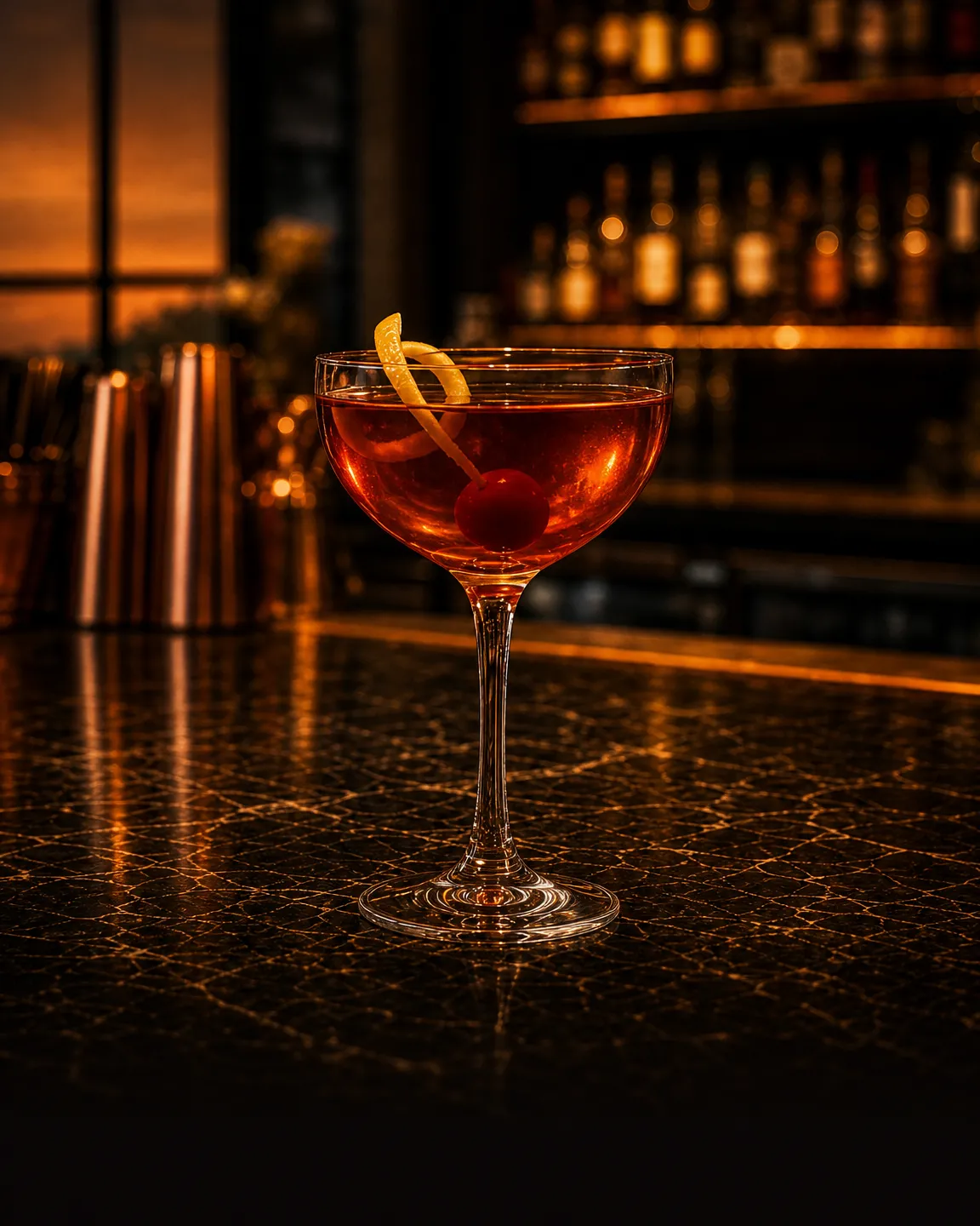 Perfect Manhattan, cocktail aperitivo. Bicchiere: Coppetta da cocktail