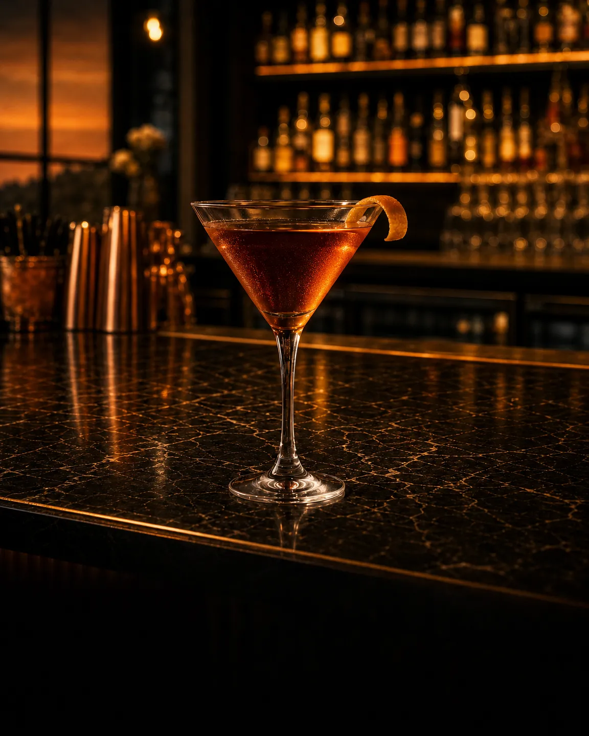 Perfect Martini, aperitif cocktail. Glass: Cocktail glass