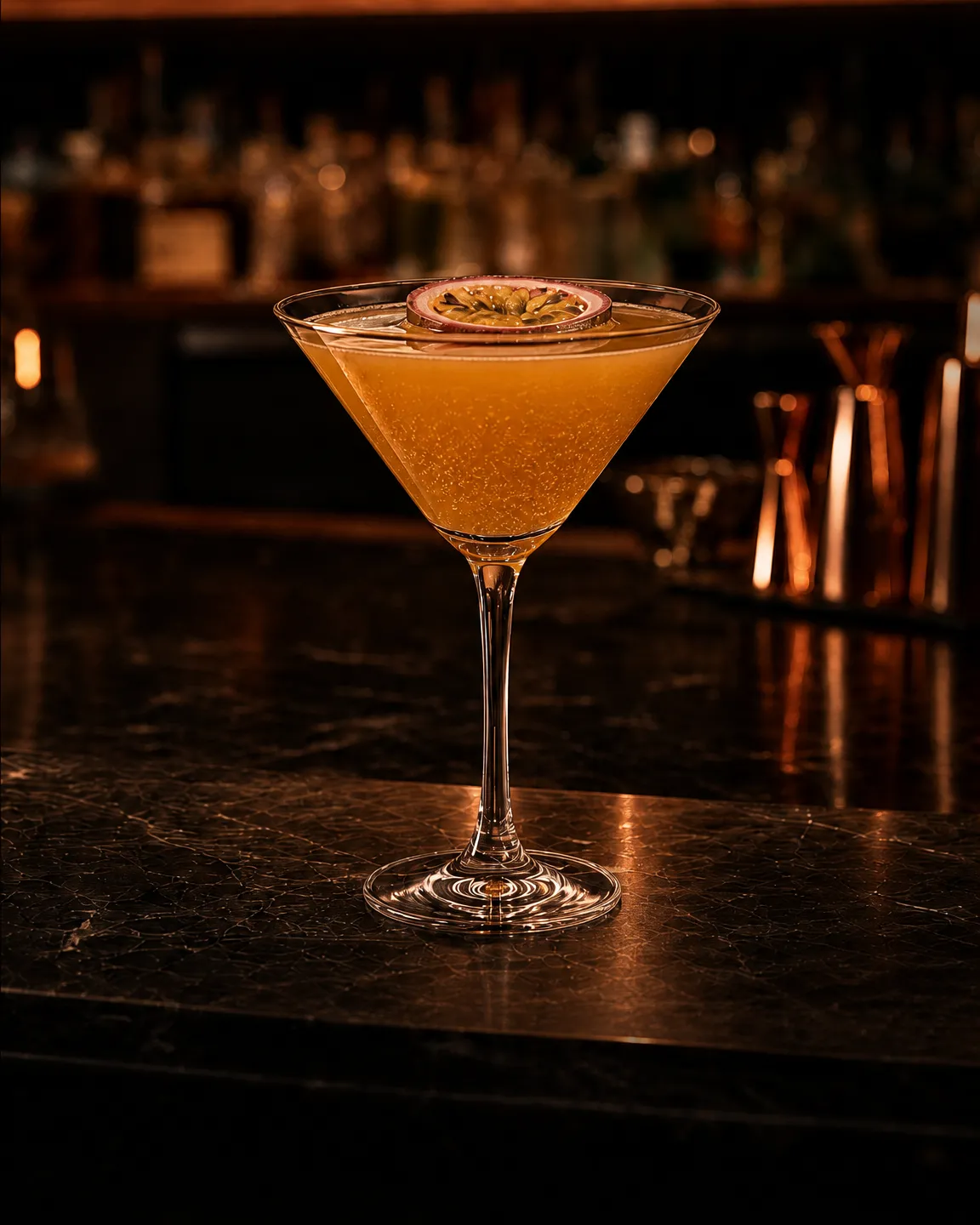 Porn Star Martini, cocktail dopocena. Bicchiere: Coppa cocktail (Martini)