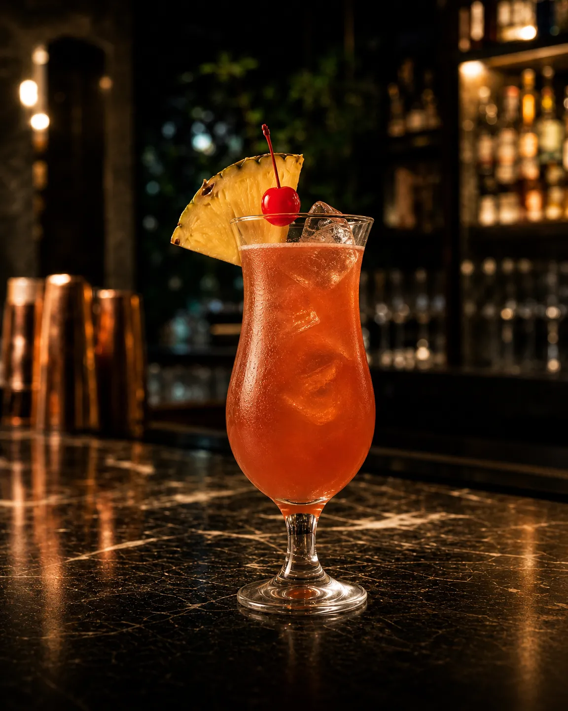 Singapore Sling, long drink. Glass: Hurricane glass