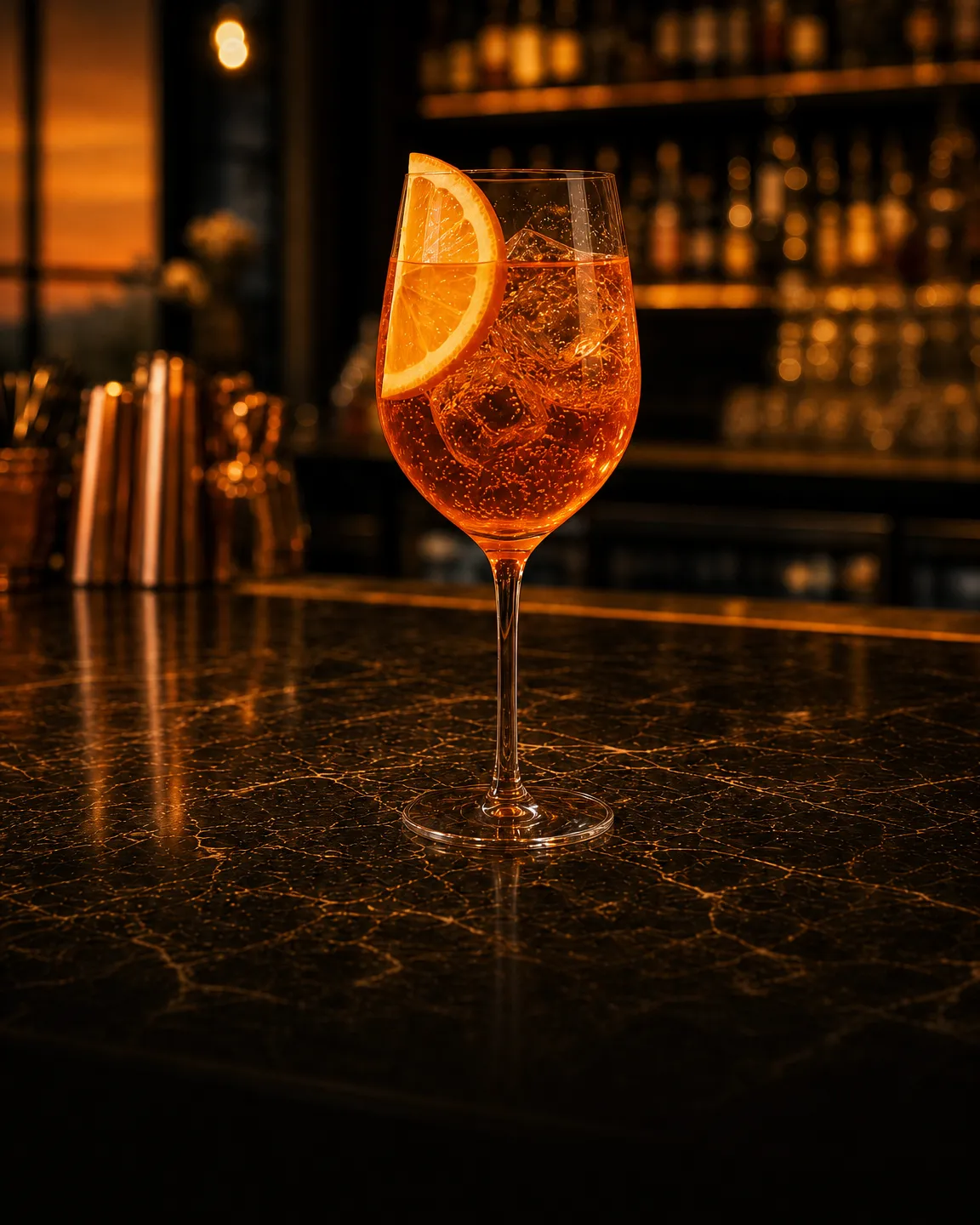 Spritz, aperitif cocktail. Glass: Wine glass