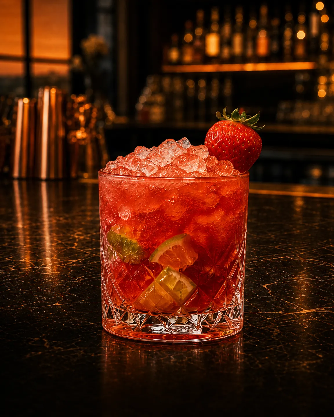 Strawberry Caipiroska, aperitif cocktail. Glass: Rocks glass