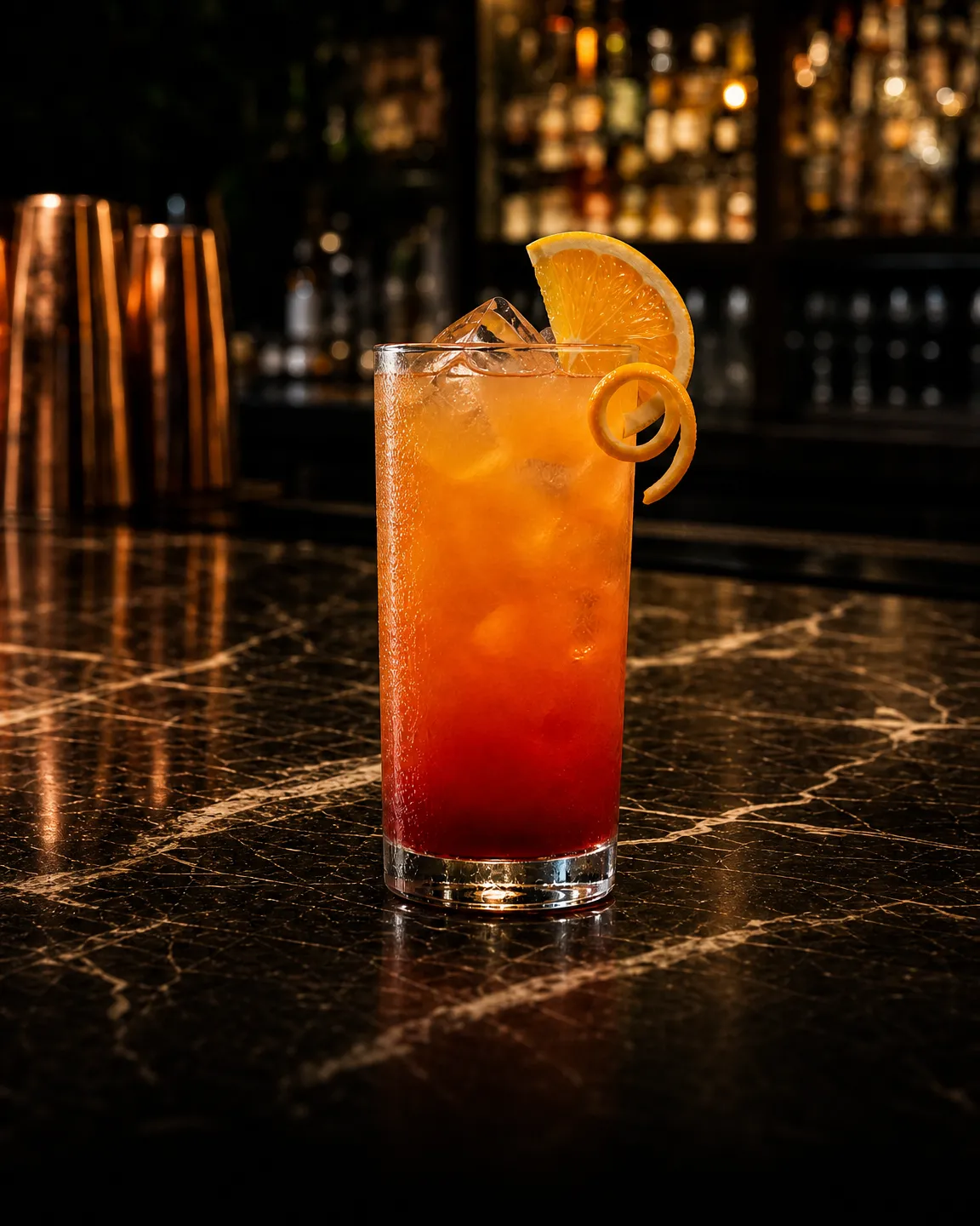 Tequila Sunrise, long drink. Bicchiere: Highball o Tumbler Medio