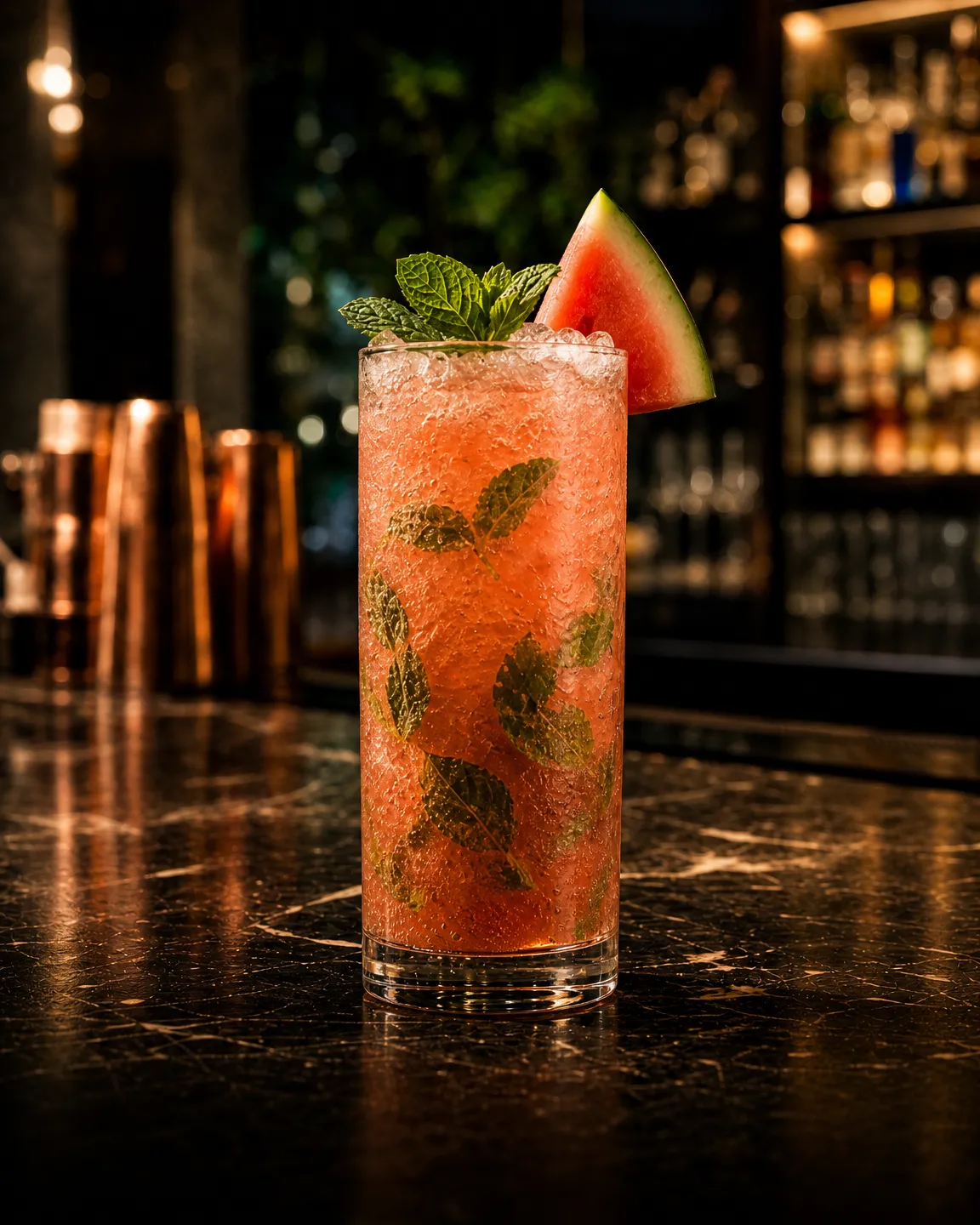 Mojito all'anguria, long drink. Bicchiere: Highball o Tumbler Medio